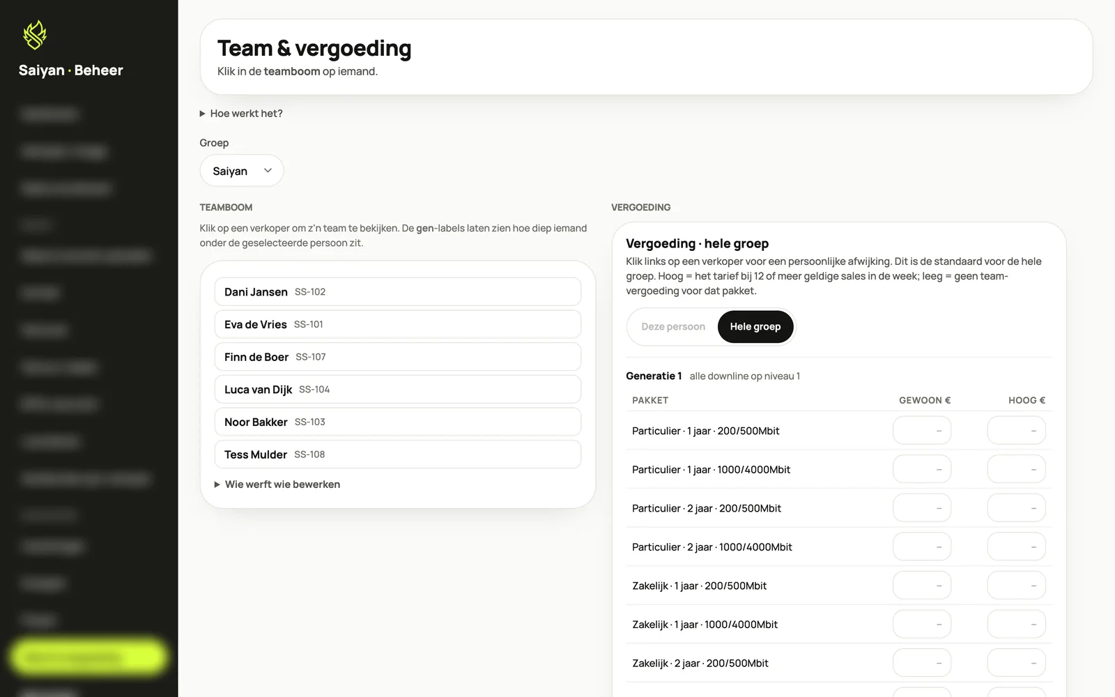 Team and compensation settings in the Saiyan Sales back office